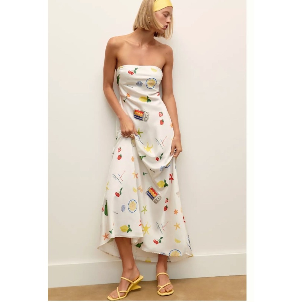 For Love & Lemons Carla Strapless Maxi Dress XXS Ivory Italian Print Vacation